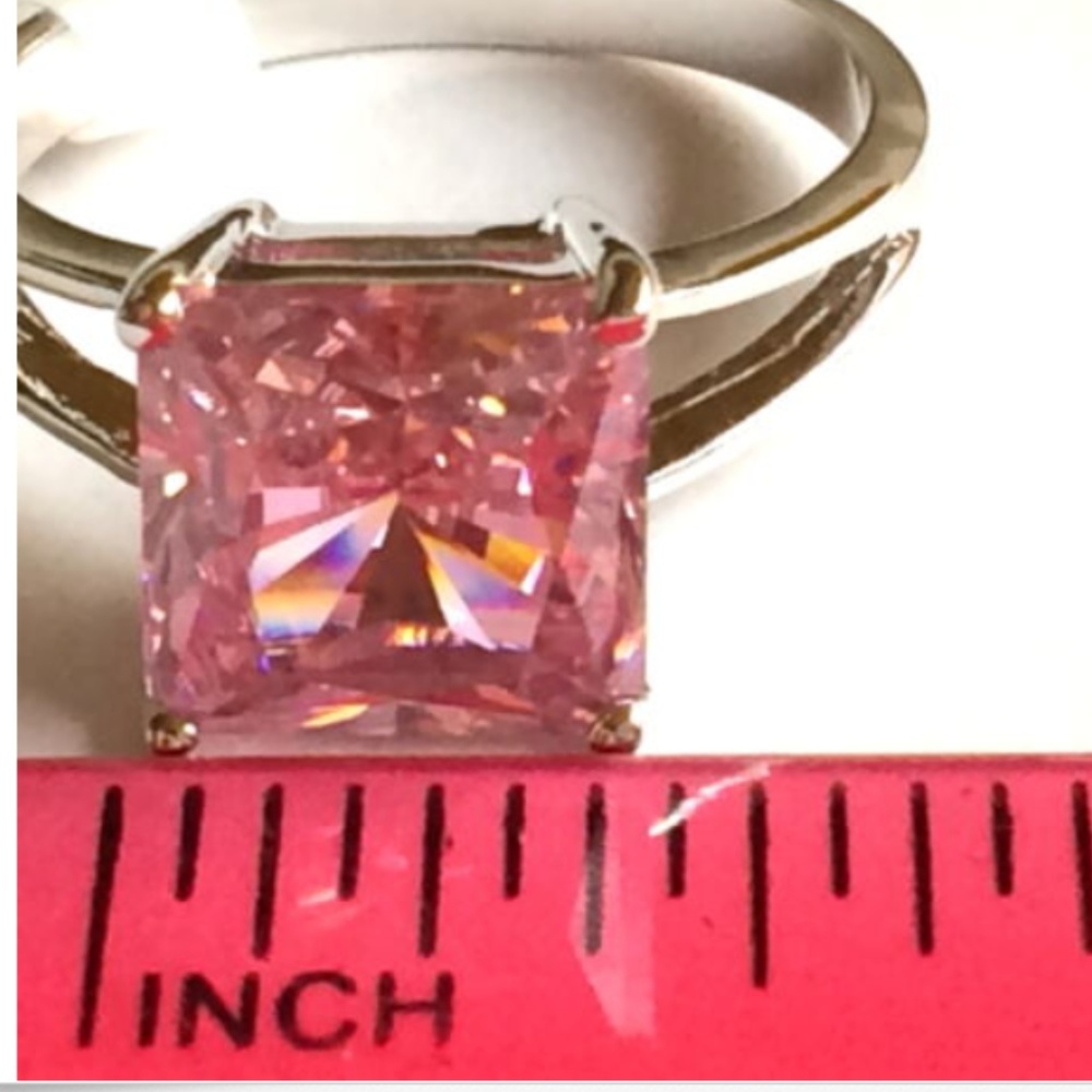 Silver Pink Cubic Zirconia Cocktail Ring Size  6 9 10 Princess cut Rhodium Plate - Picture 8 of 8
